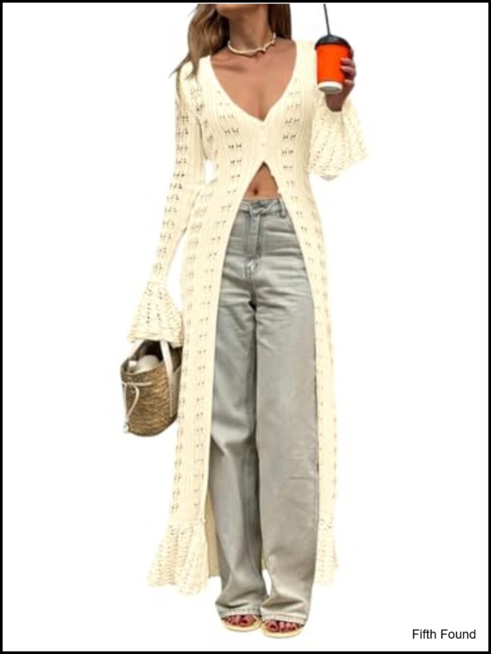 Womens Crochet Long Cardigan Lace Duster Coat Bell Sleeve Summer Coverup